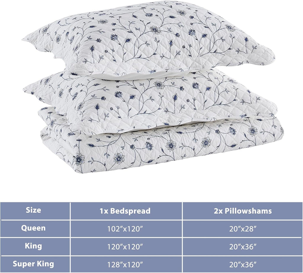 Floral Bedspread 120'x120' Oversized King Bedspread, 100% Cotton California King Quilt with 2 Pillow Shams, Lightweight Vintage Quilted Bedspreads Coverlet Sets, White/Blue, 3 Pcs