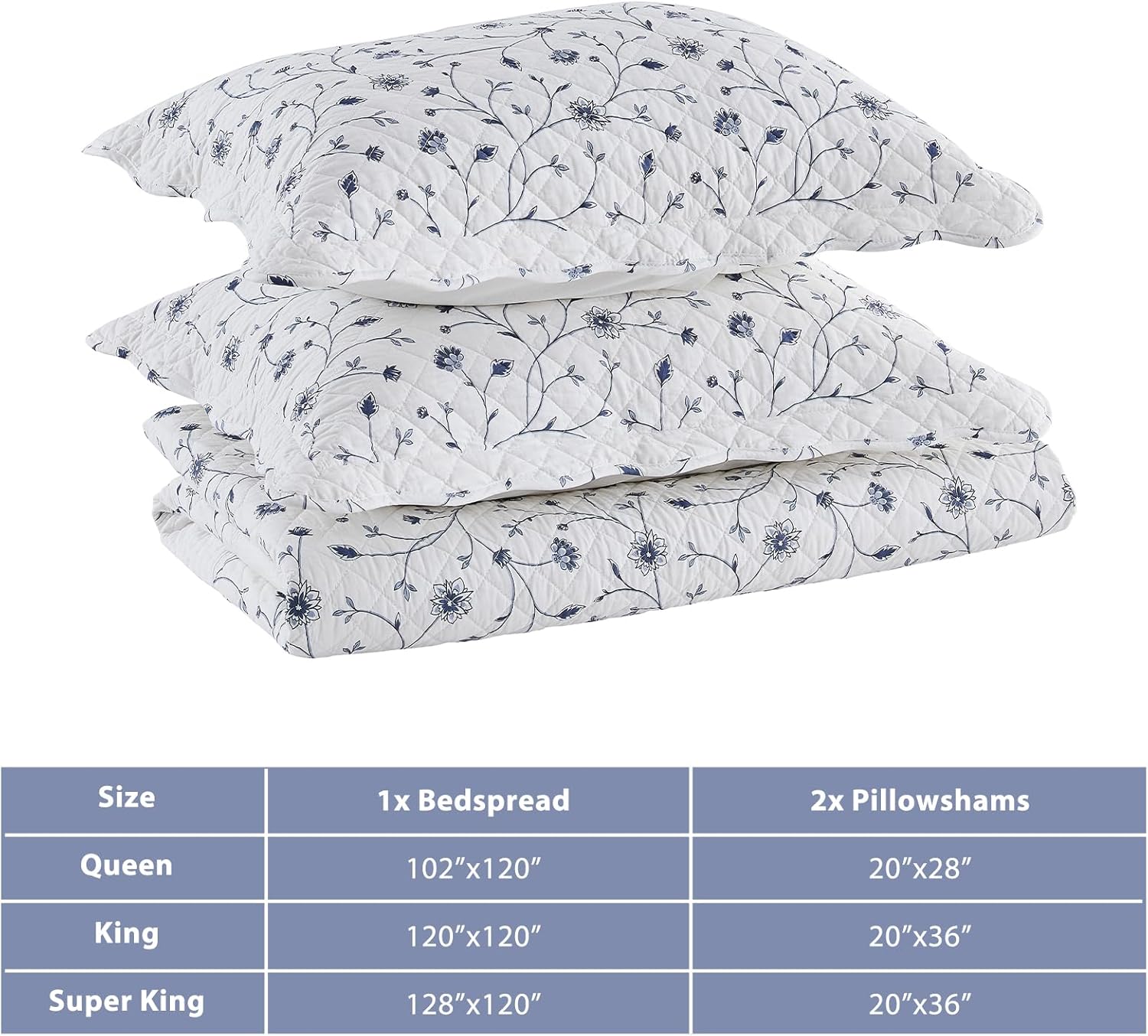 Floral Bedspread 120'x120' Oversized King Bedspread, 100% Cotton California King Quilt with 2 Pillow Shams, Lightweight Vintage Quilted Bedspreads Coverlet Sets, White/Blue, 3 Pcs