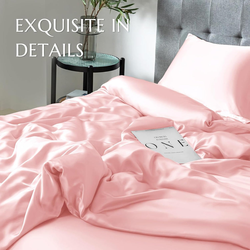 THXSILK Silk Duvet Cover, 100% 7A+ Mulberry Silk Comforter Cover, Seamless, Breathable, Easy Care Zipper Closure, 1 Duvet Cover Only - Queen, Charming Pink