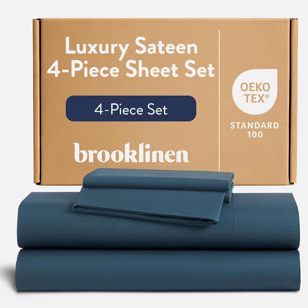 Brooklinen Luxury Sateen 4 Piece Sheet Set - 100% Cotton Bed Sheets, Durable California King Size Sheets Set in Abyss Blue, Oeko-TEX Certified Bedding Set, 1 Fitted Sheet, 1 Flat Sheet, 2 Pillowcases