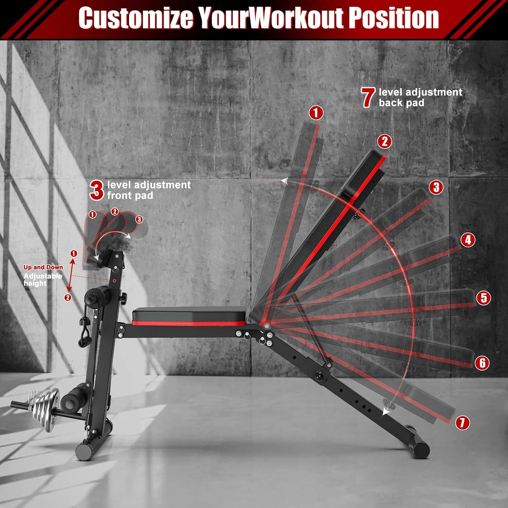 XDDIAS Adjustable Weight Bench, Workout Bench with Leg Extension and Preacher Curl Pad, Weight Bench for Home Gym, Foldable Exercise Bench, Quick Adjustment Incline Bench Press
