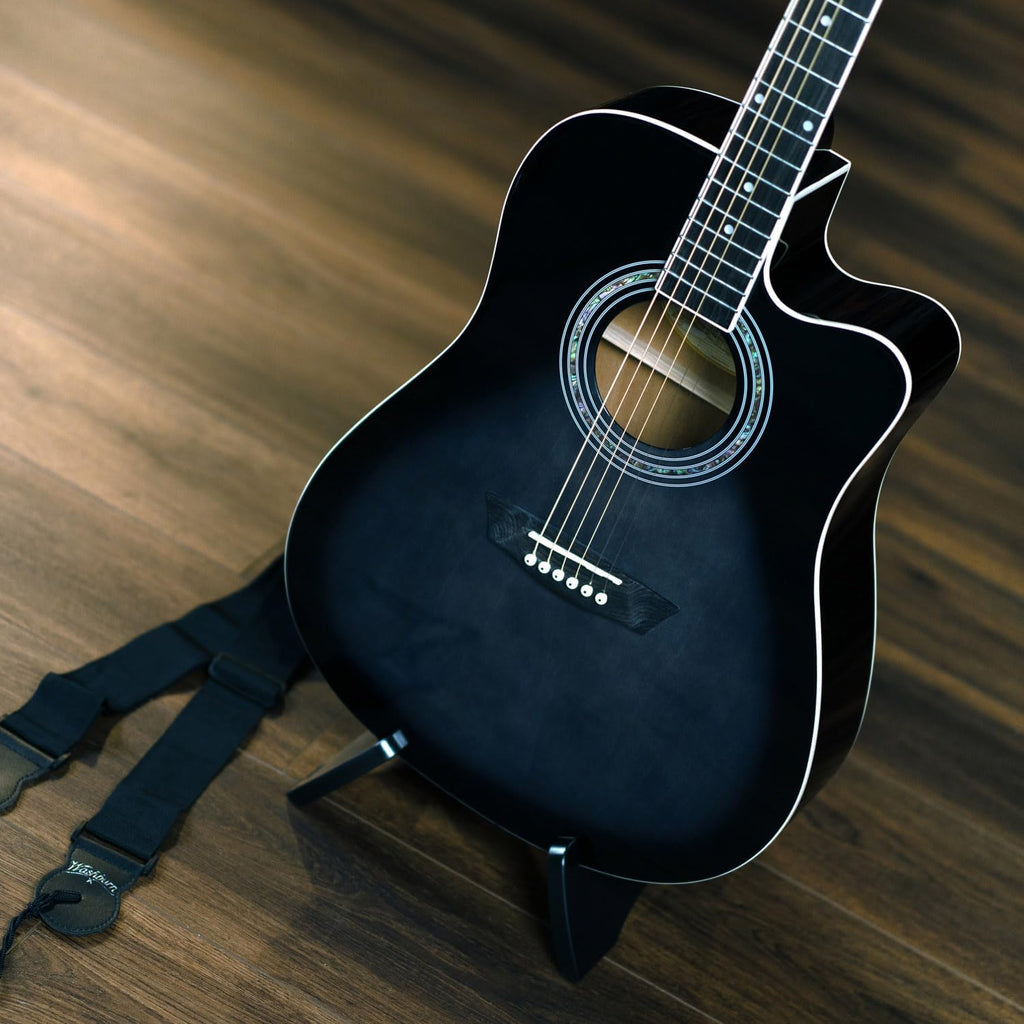 Washburn WA90CE Acoustic-Electric Guitar Kit - Black Bundle with Gig Bag, Strap, Picks, Strings, Stand, Instructional DVD and Austin Bazaar Polishing Cloth