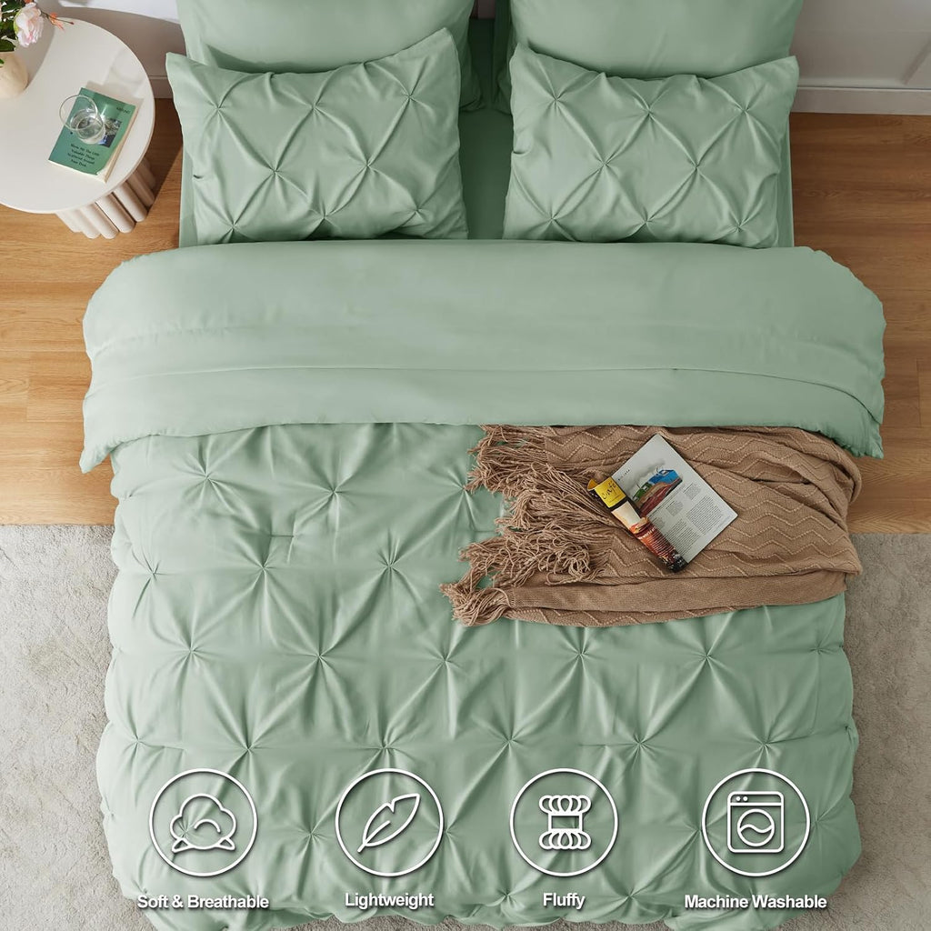 California King Size Comforter Set 7 Pieces Bed in a Bag 100% Cotton Sage Green Comforter Cal King Bed Set Pintuck Bedding Sets Comforter, Flat Sheet, Fitted Sheet, Pillowcases & Shams