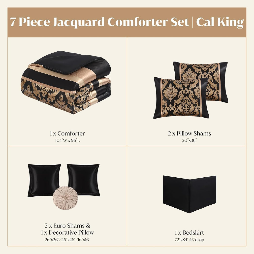 CozyDH Black Gold Floral Comforter Set California King - 7 Piece Luxury Jacquard Bed in a Bag Vintage Patchwork, All Season Down Alternative Bedding with Bed Skirt, Shams, Decorative Pillow, 104x96 in