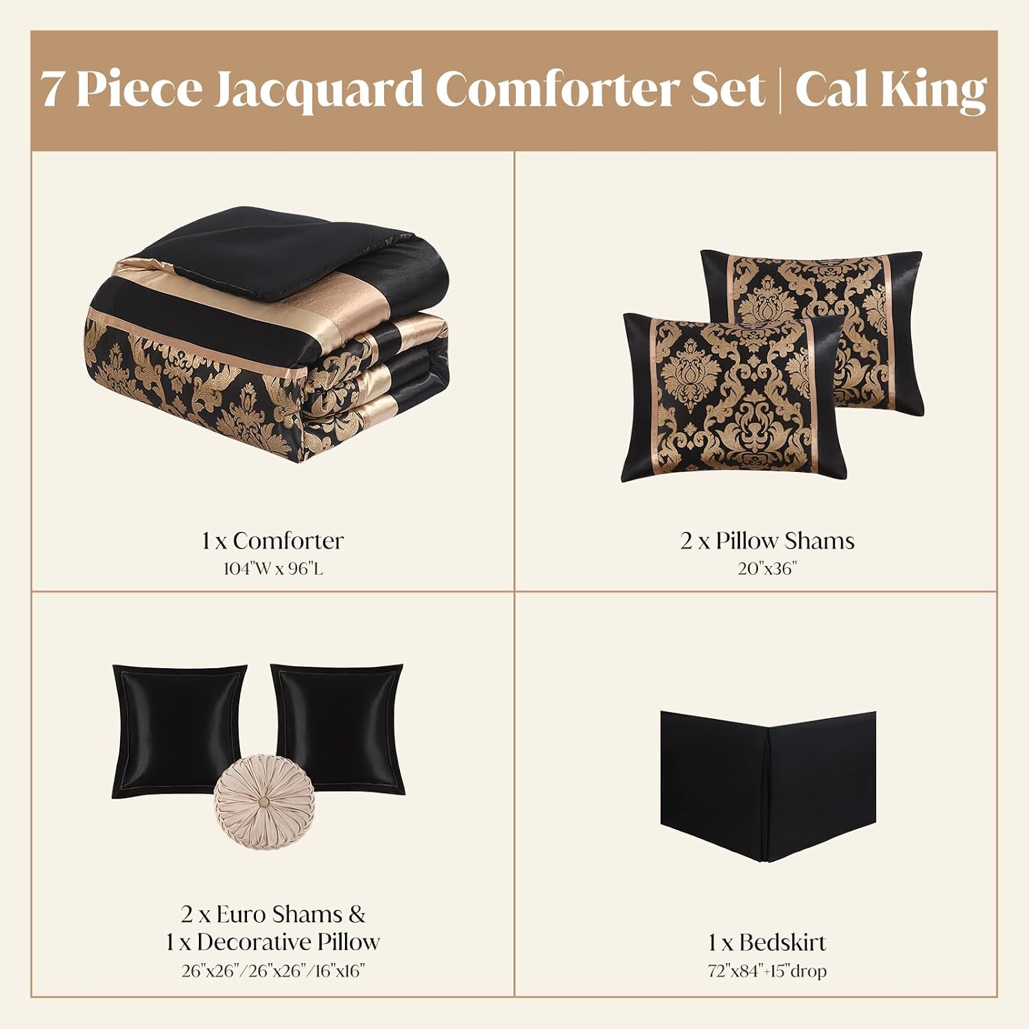 CozyDH Black Gold Floral Comforter Set California King - 7 Piece Luxury Jacquard Bed in a Bag Vintage Patchwork, All Season Down Alternative Bedding with Bed Skirt, Shams, Decorative Pillow, 104x96 in