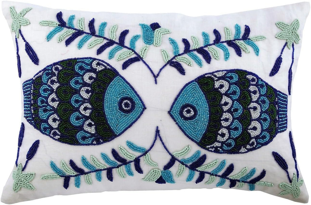 The HomeCentric Decorative Oblong/Lumbar Throw Pillow Covers Accent Pillows Couch Sofa Pillow Case Pack of 2, 12'x24' (30x60 cm) White Silk Dupioni Bead Embroidery - Fish Tales