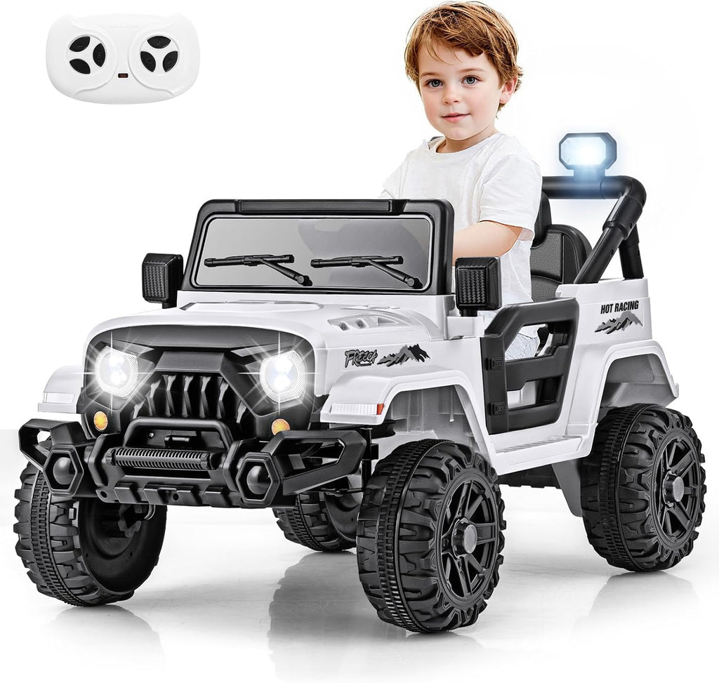 OLAKIDS Ride on Truck, 12V Battery Powered Electric Vehicle for Kids with Remote Control, Bluetooth, Power Display, LED Lights, Music Player, Ride on Toy for 3+ Boys Girls (White)