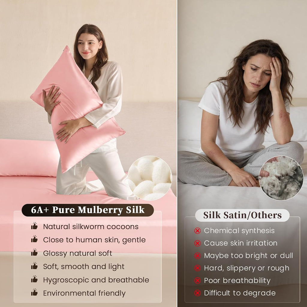 THXSILK 6A+ Top Grade 100% Pure Mulberry Silk King Fitted Sheet 3Pcs Set Bed Sheets Luxury Bedding for Hair and Skin Healthy Natural Materials, 1 Fitted Sheet with 2 Pillowcases, Charming Pink