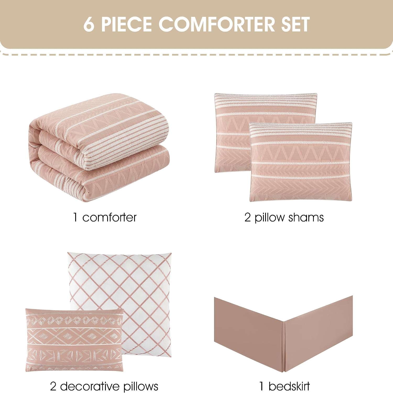 Grand Avenue Cotton King Size Comforter Set, 6 Piece, Blush Geometric Jacquard Bedding Set, Bedskirt, Pillows & Shams, Home Decor