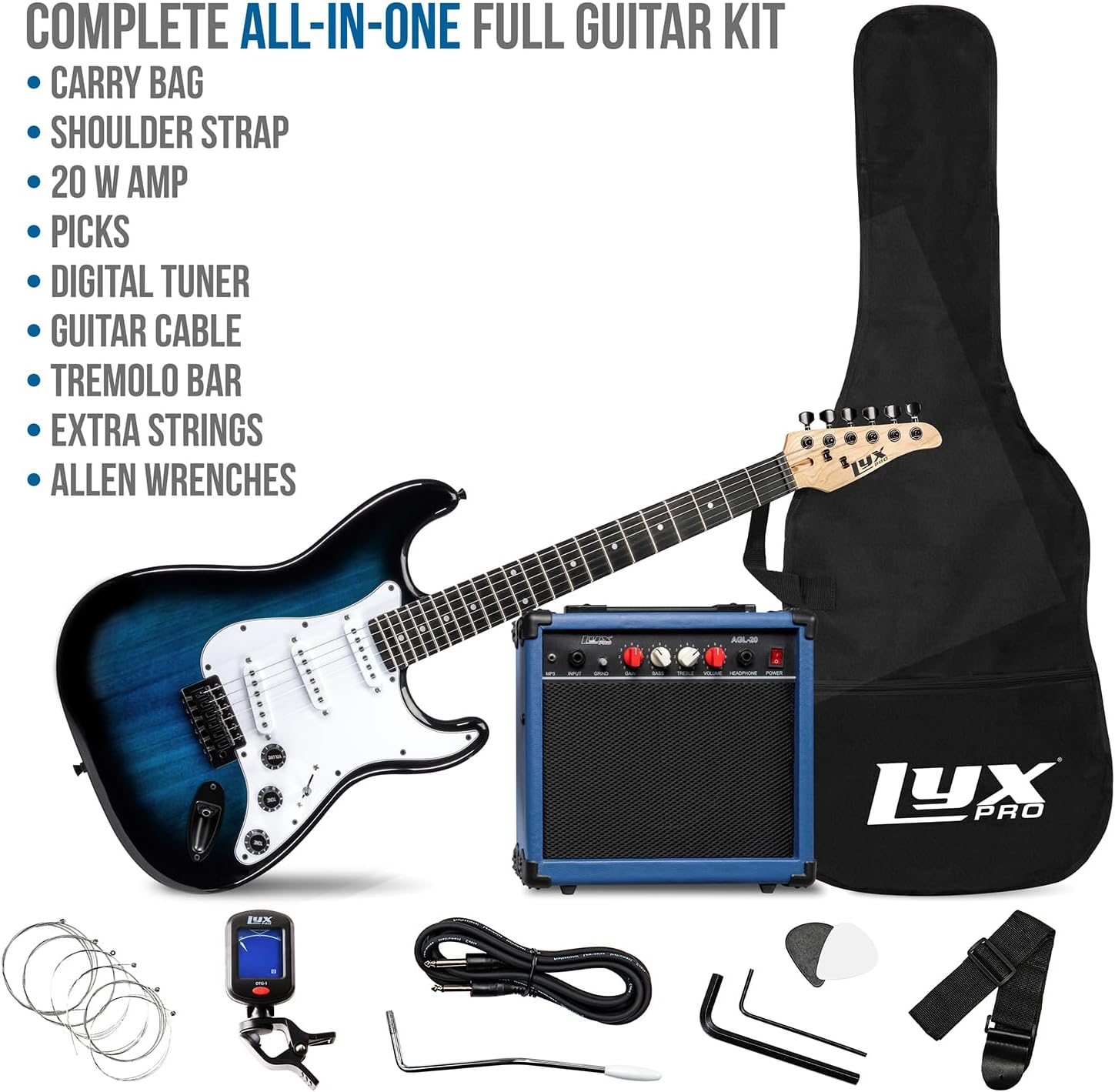LyxPro 39 inch Electric Guitar Kit Bundle with 20w Amplifier, All Accessories, Digital Clip On Tuner, Six Strings, Two Picks, Tremolo Bar, Shoulder Strap, Case Bag Starter kit Full Size - Blue