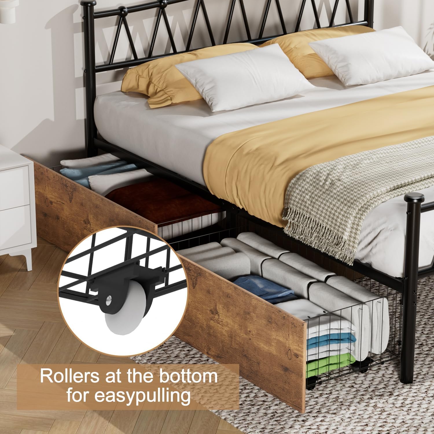 VECELO Queen Bed Frame with 4 Large Drawers,Queen Size Metal Platform Bed Frames with Headboard/Mattress Foundation/No Box Spring Needed