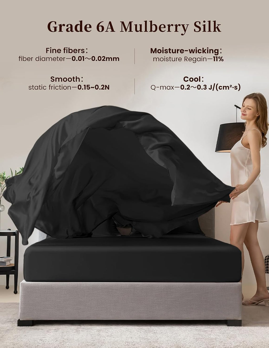 THXSILK 100% Mulberry Silk Bed Sheets Set - 4pcs Pure Silk Sheets Set - Flat Sheet, 16' Deep Pocket Fitted Sheet, 2 Pack Silk Pillowcase with Zipper Closure - Queen Size, Black