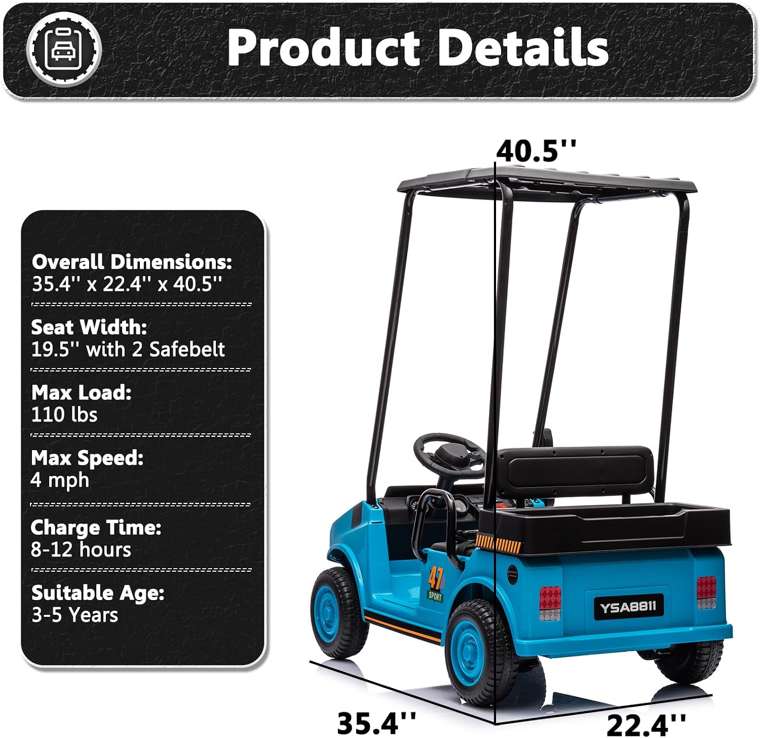12V 7AH Kids Golf Cart with Remote Control, 2WD Ride on Toys for Boys Girls, 2 Seater Battery Powered Ride on Car with Music Player, Plastic Roof, Horn (Blue)