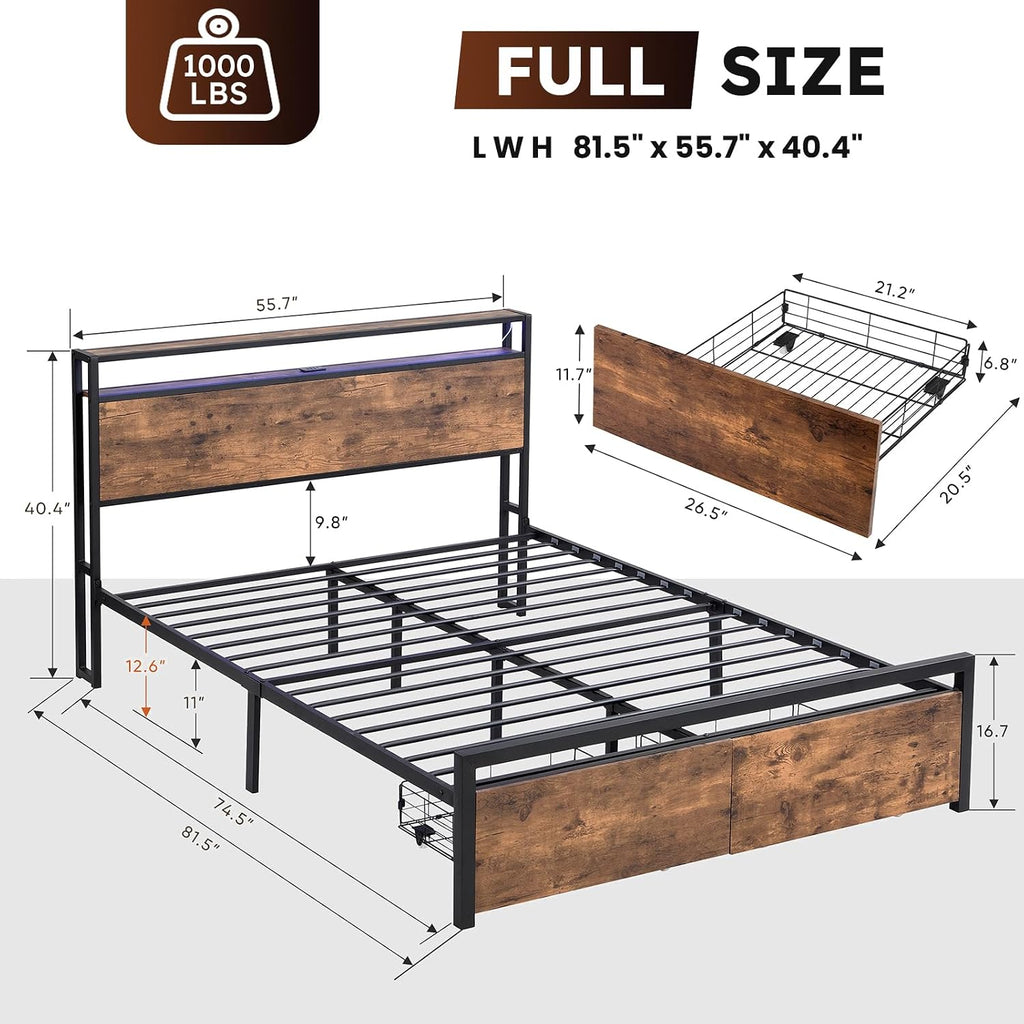 Kiivakii Full Size Bed Frame with 2 Drawers, LED Heavy Duty Platform Bed with Headboard Storage, Built in USB Ports, Noise-Free No Box Spring Needed, Rustic Brown