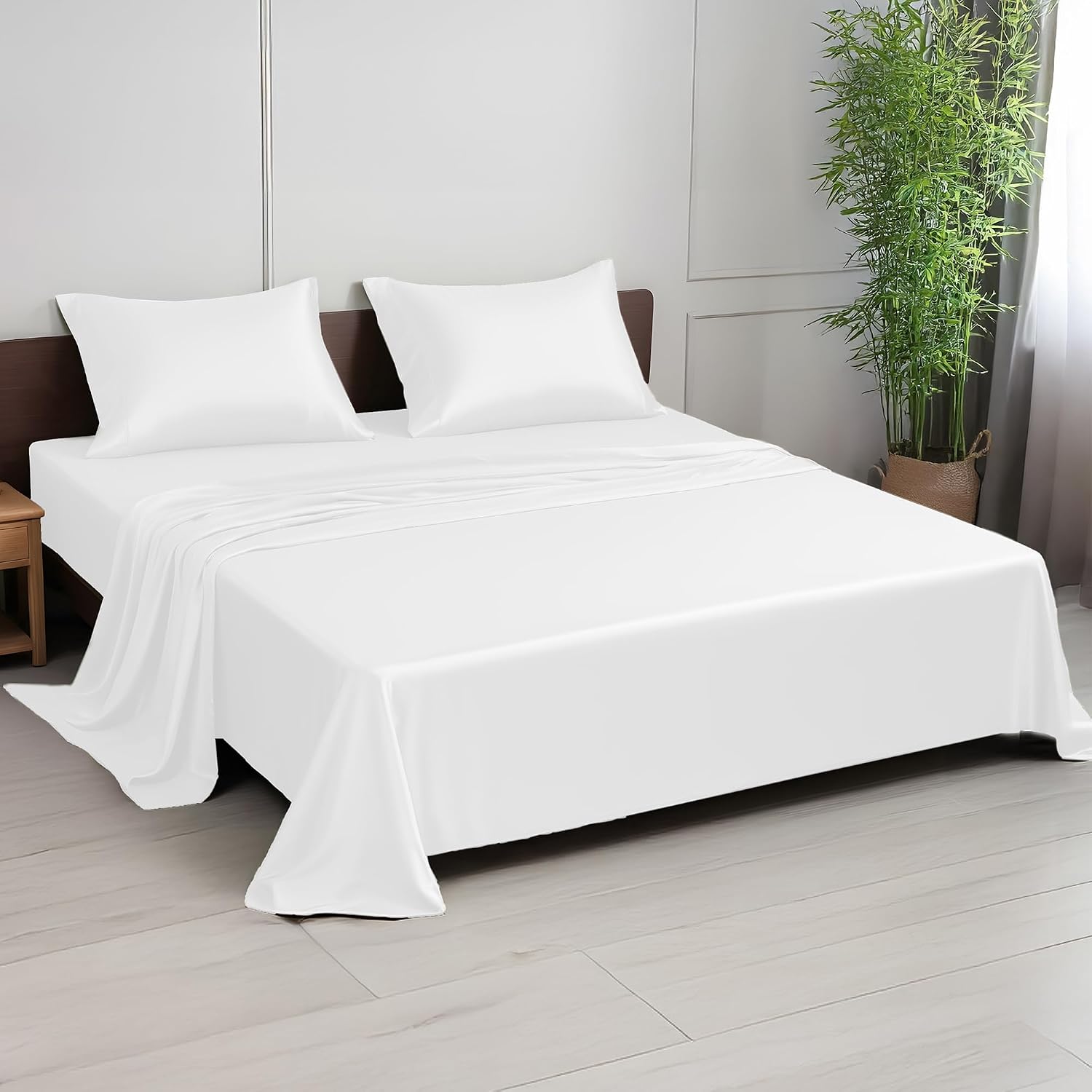 Linenwalas Premium 100% Viscose Derived from Bamboo Split King Sheet Set - Ultra Soft, Breathable & Cooling, Ideal for Hot Sleepers, 16' Deep Pocket, Hotel Luxury Bedding (White)