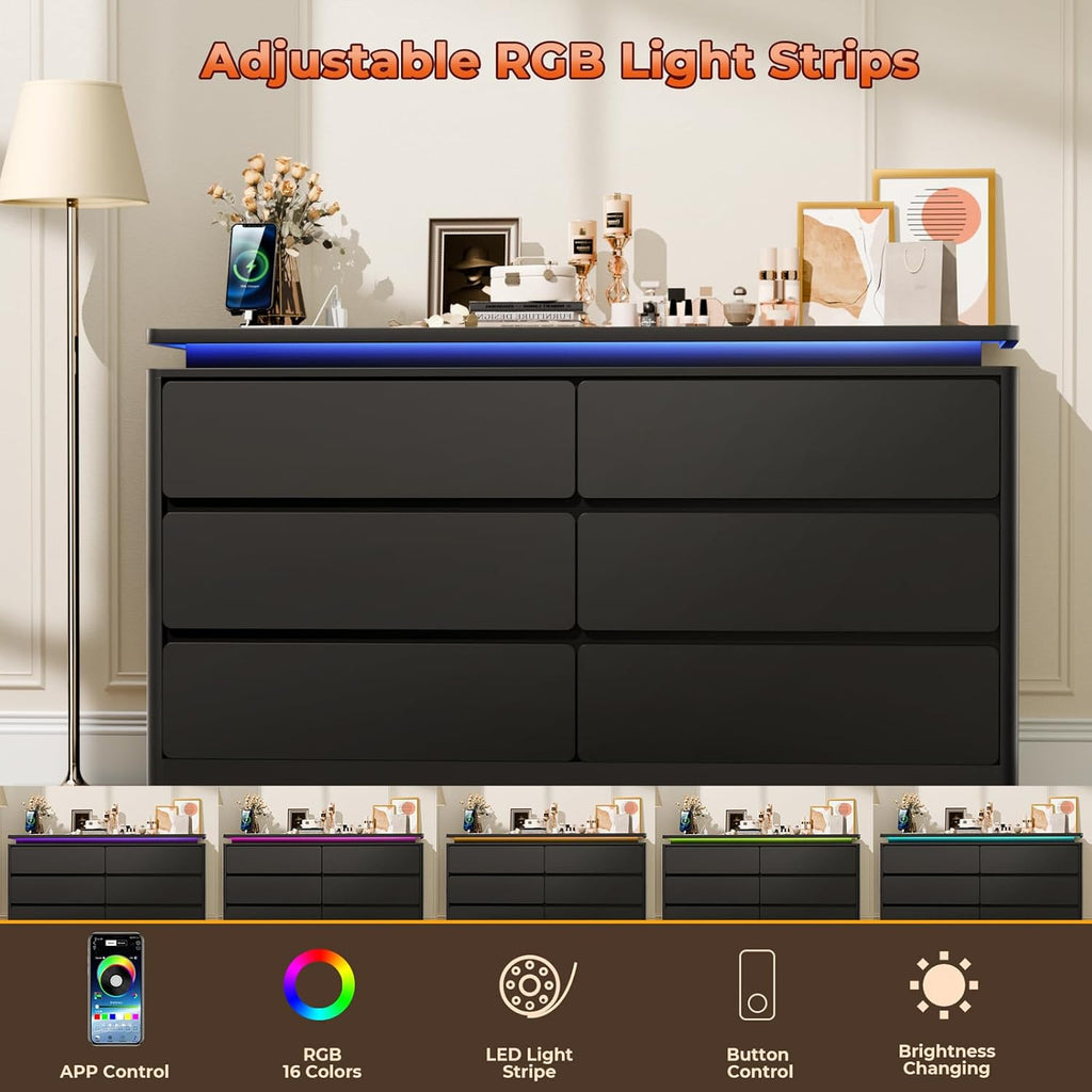 Loomie Upgraded 6 Drawer Black Dresser for Bedroom, 47.2' Long Chest of Drawers with Charging Station & LED Lights, Wooden Storage Cabinet Dresser for Closet,Modern TV Stand with Deep Drawers