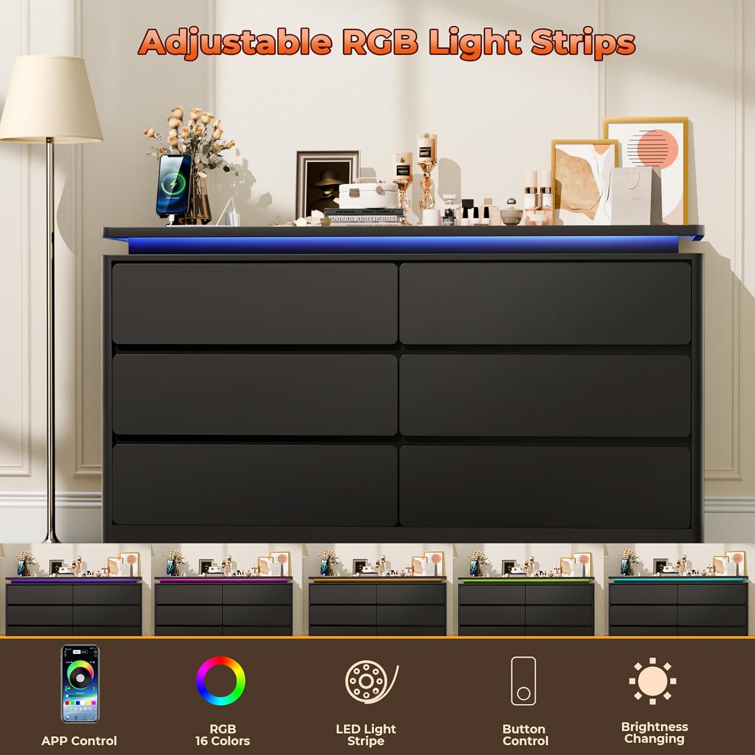 Loomie Upgraded 6 Drawer Black Dresser for Bedroom, 47.2' Long Chest of Drawers with Charging Station & LED Lights, Wooden Storage Cabinet Dresser for Closet,Modern TV Stand with Deep Drawers