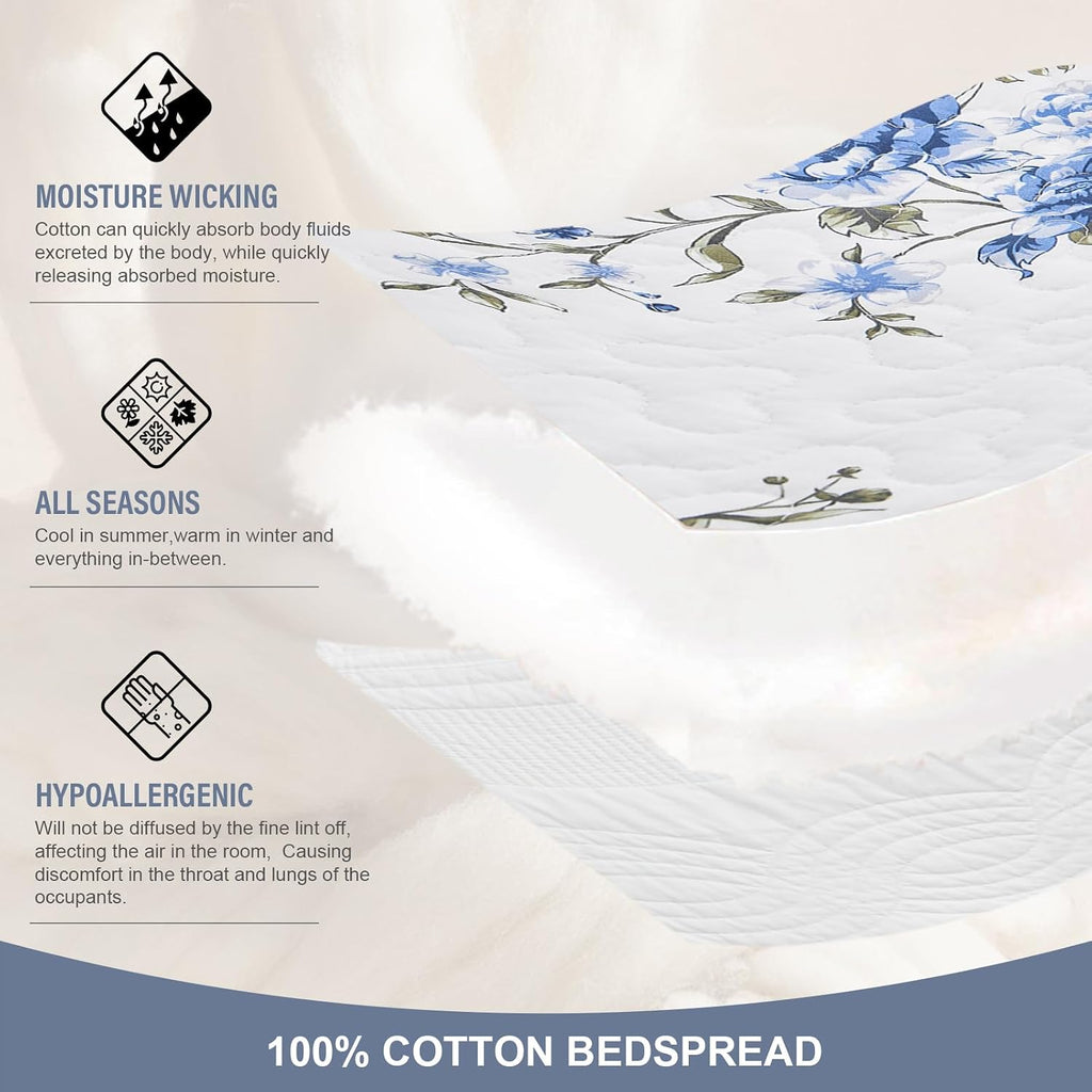 Floral Bedspreads King Size Extra Wide, 128x120 Oversized Quilt Bedspread Coverlet, 100% Cotton Blue and White Bedding Set with Shams, Lightweight Soft Quilted Thin Comforter, 3 Piece