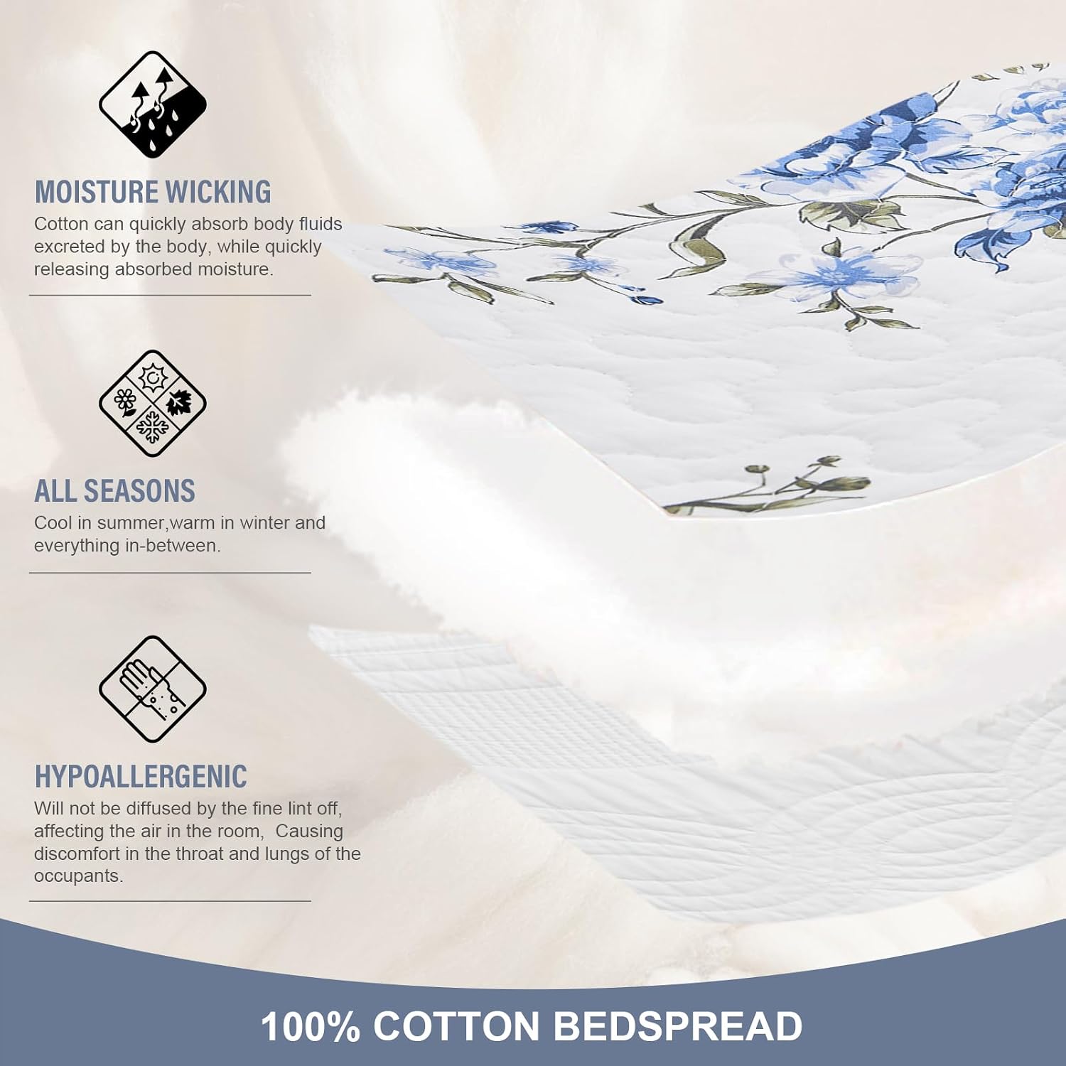 Floral Bedspreads King Size Extra Wide, 128x120 Oversized Quilt Bedspread Coverlet, 100% Cotton Blue and White Bedding Set with Shams, Lightweight Soft Quilted Thin Comforter, 3 Piece