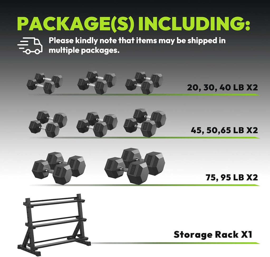 HANDBODE Hex Dumbbell Set with Rack, 300-840 lb Rubber Coated Fixed Weights Sets with Heavy Duty Storage Stand, Hexagon Shape, Multiple Weight Options Home Gym Equipment for Strength Training