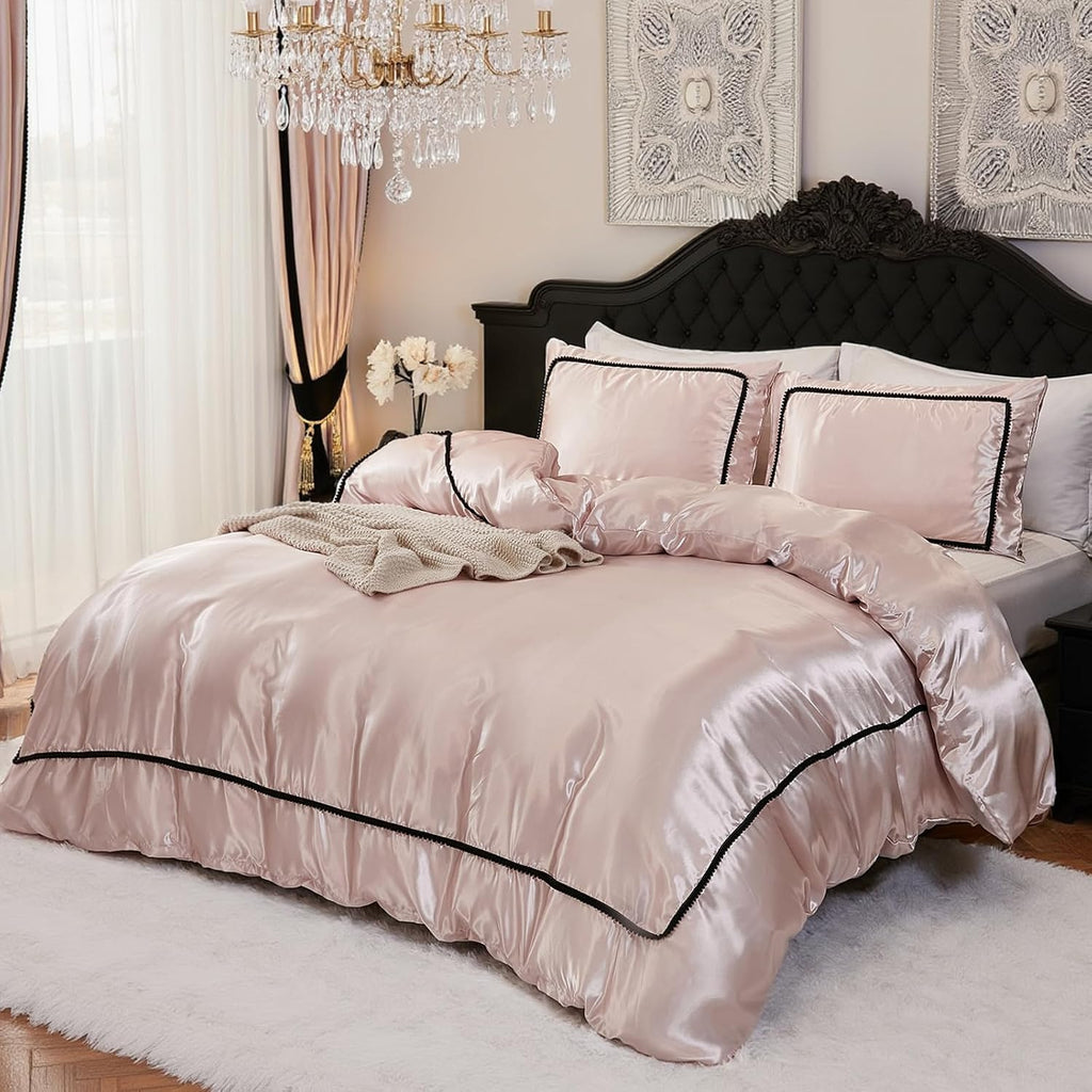 Herside Pink Mocha Satin Comforter Set 7 Pcs King Size Bed in a Bag Luxury Satin Bedding Set with Comforter Pillowcases and Sheets Sets Mini Pompoms Design Super Soft Silky Bed Set for All Seasons