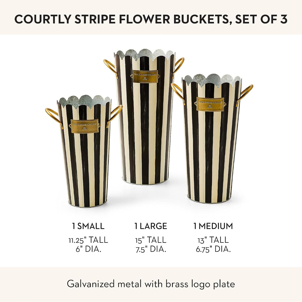 MACKENZIE-CHILDS Set of 3 Galvanized Flower Buckets, Decorative Metal Buckets, Black-and-White Courtly Stripe