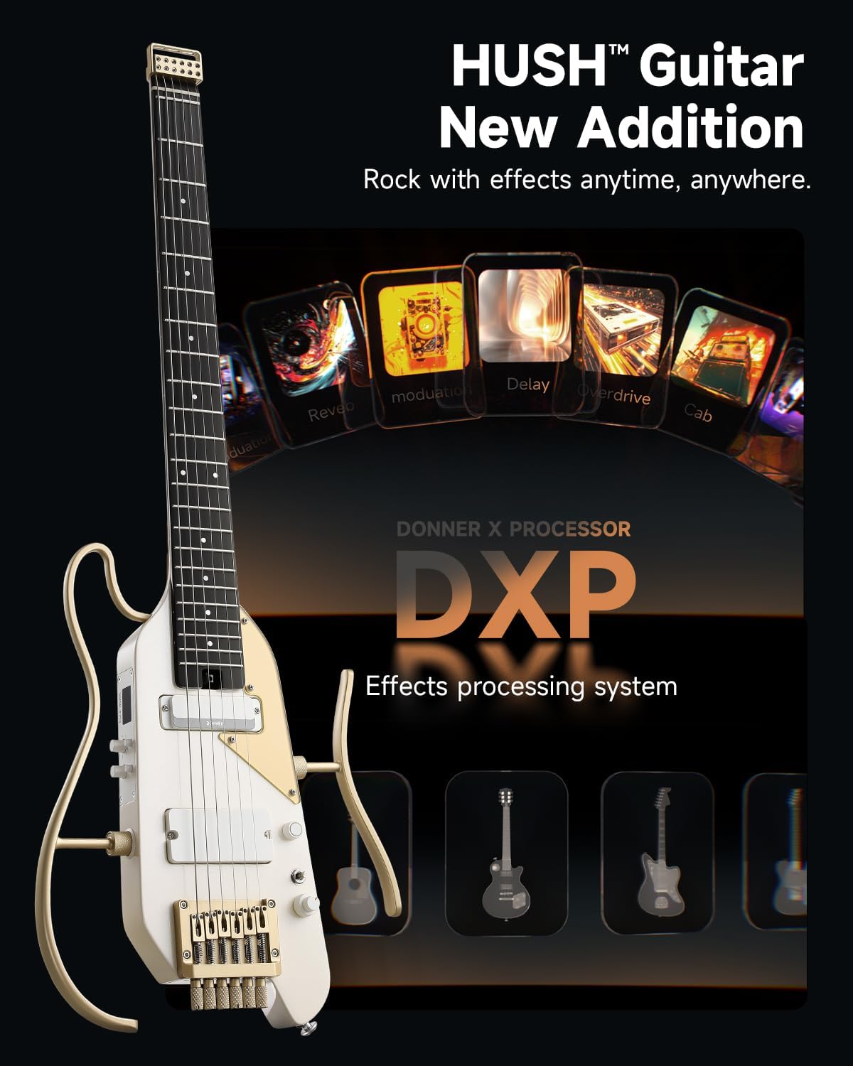 Donner HUSH X PRO Electric Guitar Kit - Smart Travel Guitar with Dozens of Preset Combinations, 7 Tone Sim Options, White-Luxe
