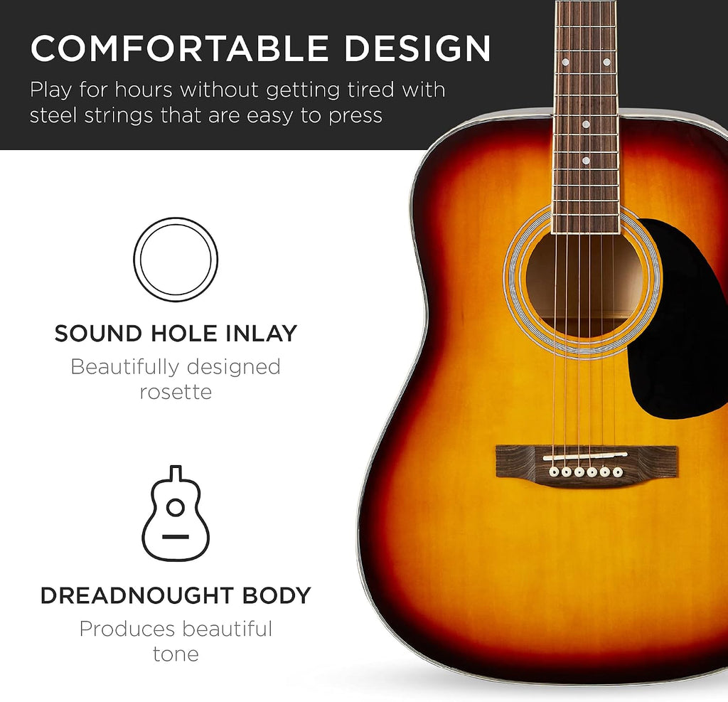 Best Choice Products 41in Full Size Beginner All Wood Acoustic Guitar Starter Set w/Gig Bag, Strap, Capo, Strings, Picks - Sunburst