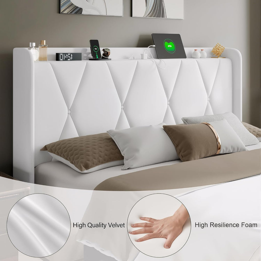 Feonase Full Size Bed Frame with 4 Storage Drawers, Velvet Upholstered Platform Bed with Charging Station, Wingback Storage Headboard, Wooden Slats Support, No Box Spring Needed, Easy Assembly, White