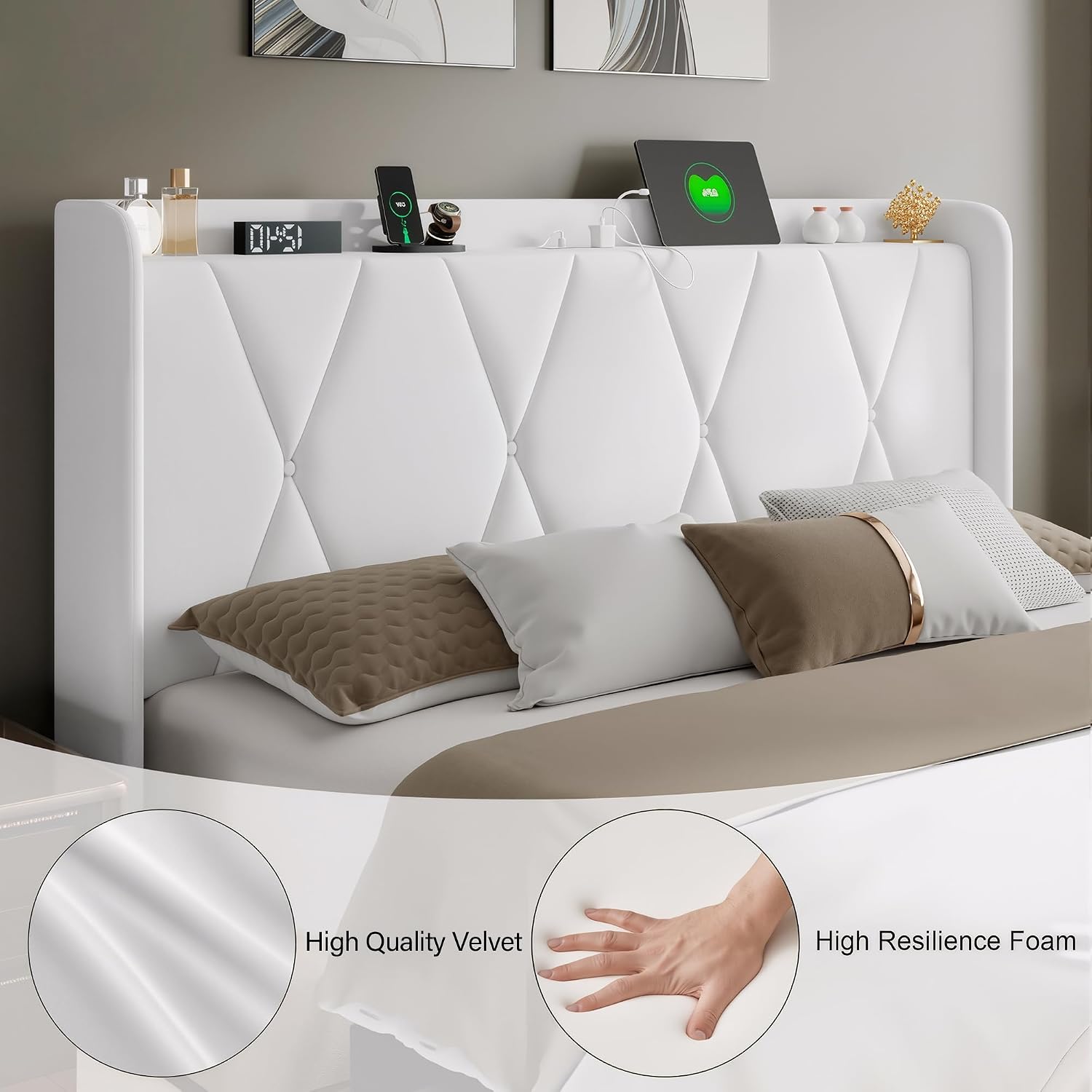 Feonase Full Size Bed Frame with 4 Storage Drawers, Velvet Upholstered Platform Bed with Charging Station, Wingback Storage Headboard, Wooden Slats Support, No Box Spring Needed, Easy Assembly, White