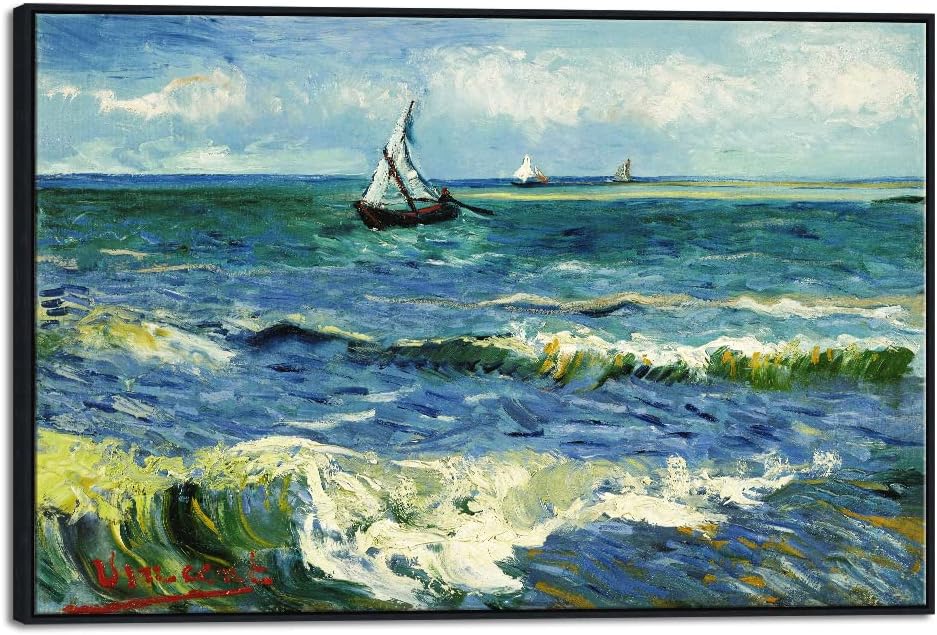 Wieco Art Extra Large Black Framed Canvas Prints Seascape at Saintes Maries by Vincent Van Gogh Modern ArtWork Sea Pictures on Canvas for Living Room Home Decorations