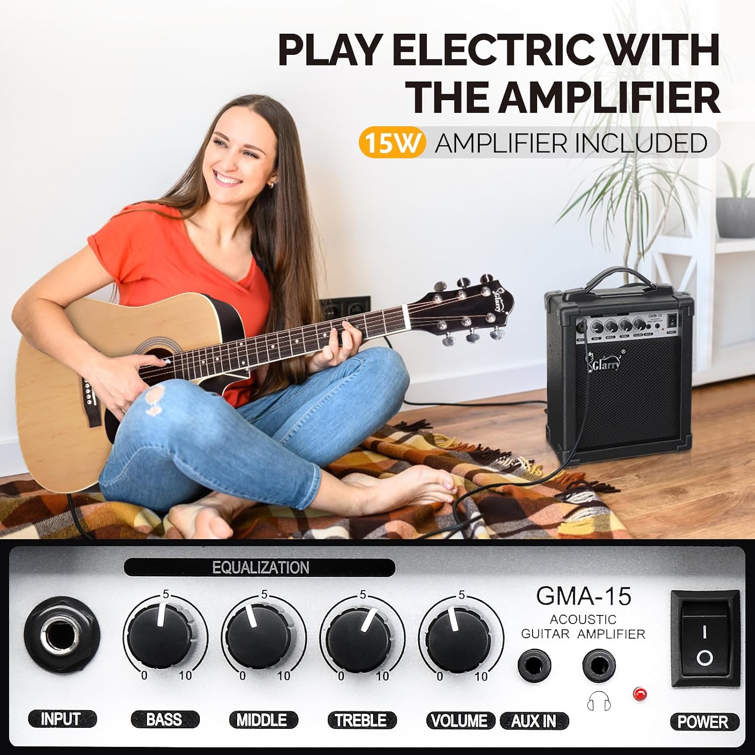 GLARRY Full Size 6 Strings Acoustic Electric Guitar Beginner Kit w/ 15W Amp, Cutaway 41 Inch Electric Acoustic Guitar w/Inbuilt Tuner, Bag, Strap, Picks, Strings, Basswood Guitarra, Matte Natural