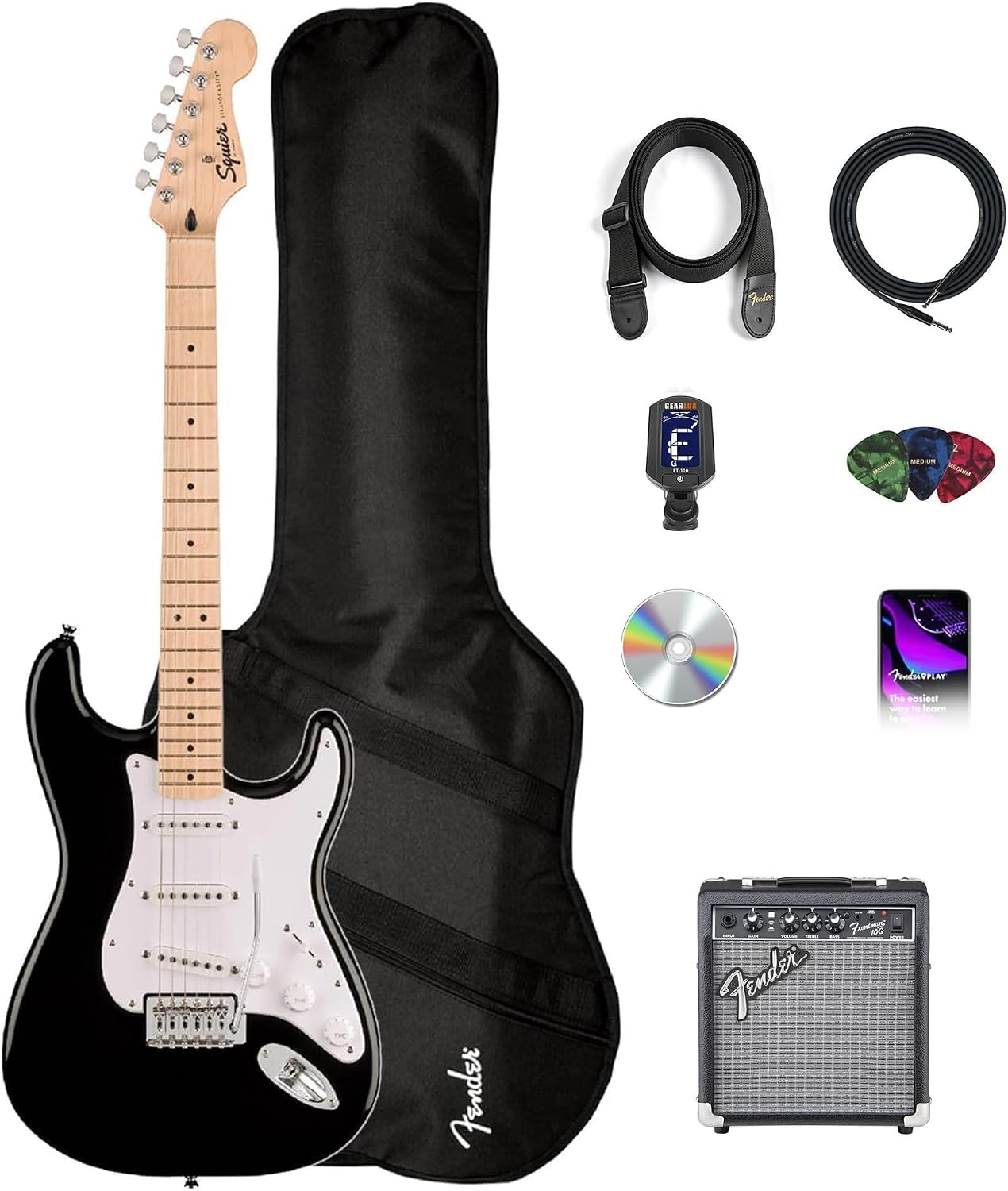 Fender Squier Sonic Stratocaster Pack - Black Bundle with Frontman 10G Amplifier, Gig Bag, Tuner, Strap, Cable, Picks, and Austin Bazaar Instructional DVD
