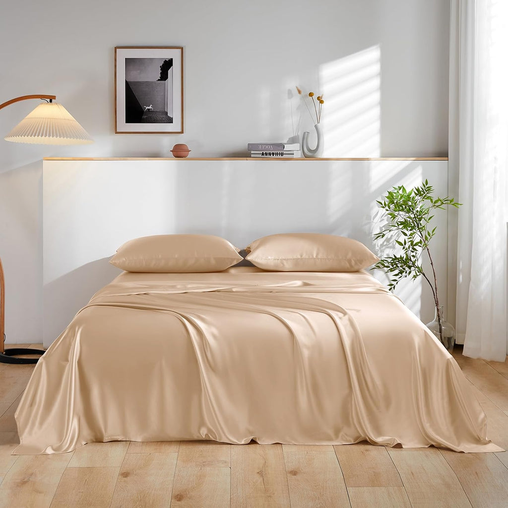 THXSILK 100% Mulberry Silk Bed Sheets Set - 4pcs Pure Silk Sheets Set - Flat Sheet, 16' Deep Pocket Fitted Sheet, 2 Pack Silk Pillowcase with Zipper Closure - Queen Size, Beige