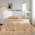 THXSILK 100% Mulberry Silk Bed Sheets Set - 4pcs Pure Silk Sheets Set - Flat Sheet, 16' Deep Pocket Fitted Sheet, 2 Pack Silk Pillowcase with Zipper Closure - Queen Size, Beige