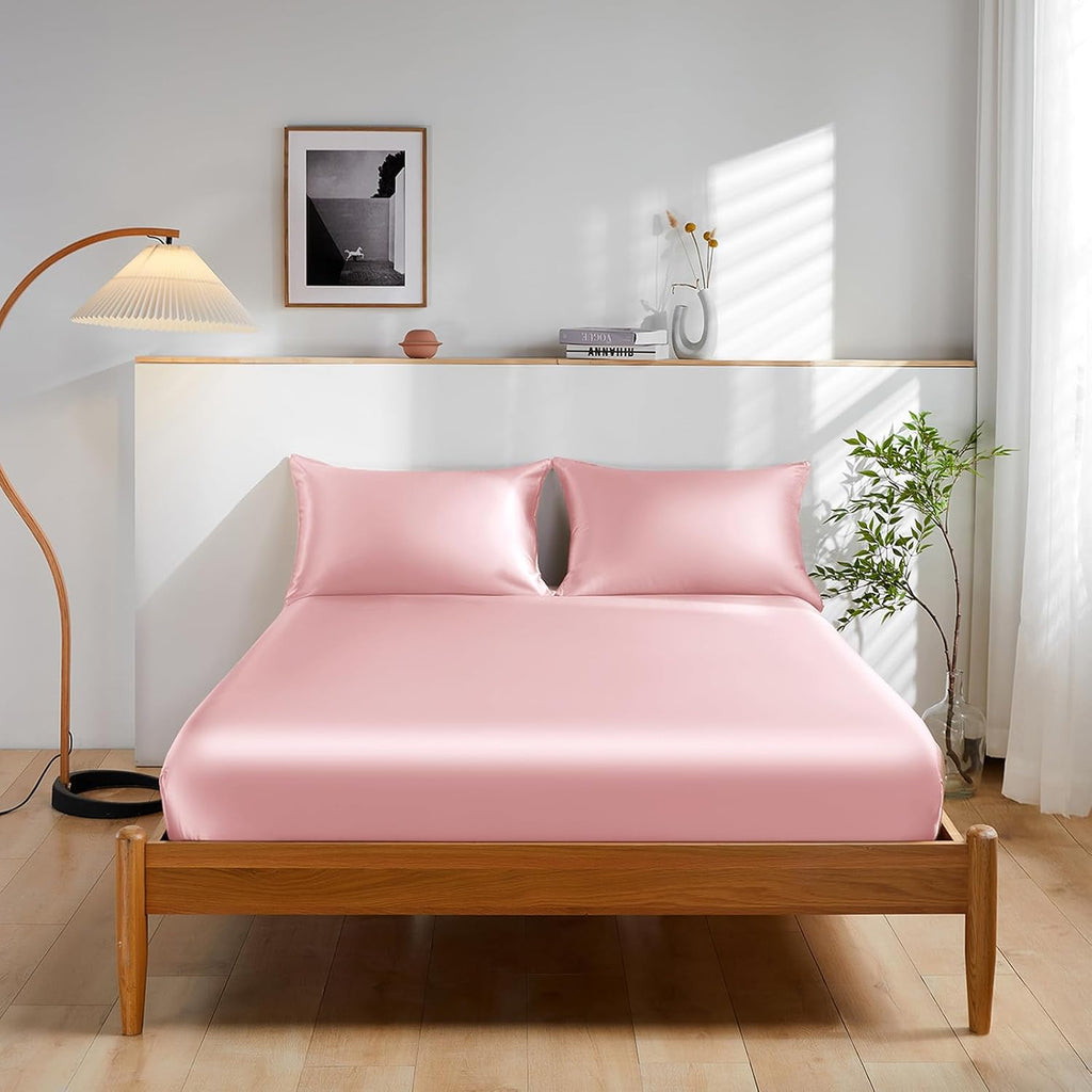 THXSILK 100% Mulberry Silk Bed Sheet Set - 3pcs Pure Silk Sheet Set - 16' Deep Pocket Fitted Sheet, 2 Pack Silk Pillowcase with Zipper Closure - Full Size, Charming Pink