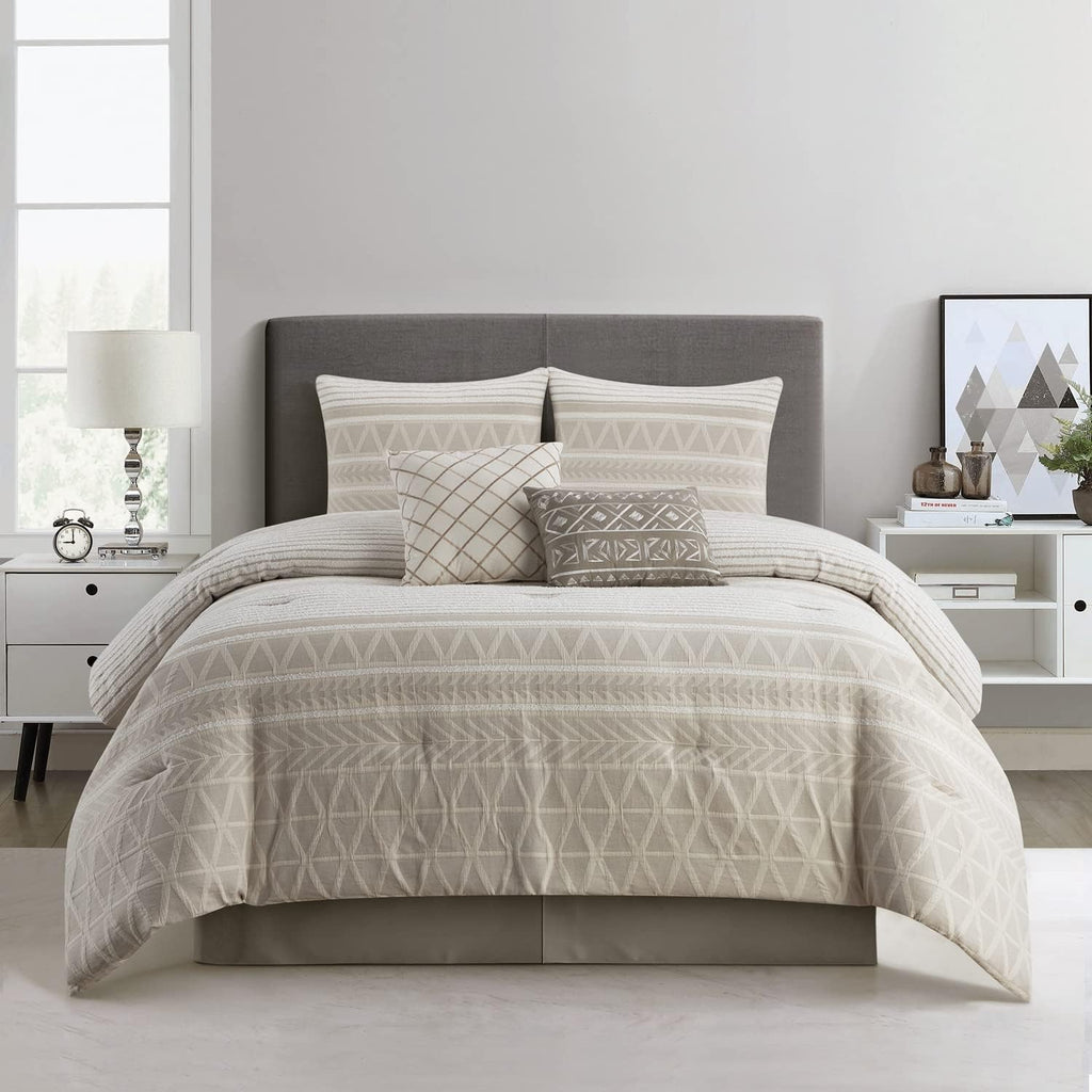 Grand Avenue Cotton King Size Comforter Set, 6 Piece, Beige Geometric Jacquard Bedding Set, Bedskirt, Pillows & Shams, Home Decor