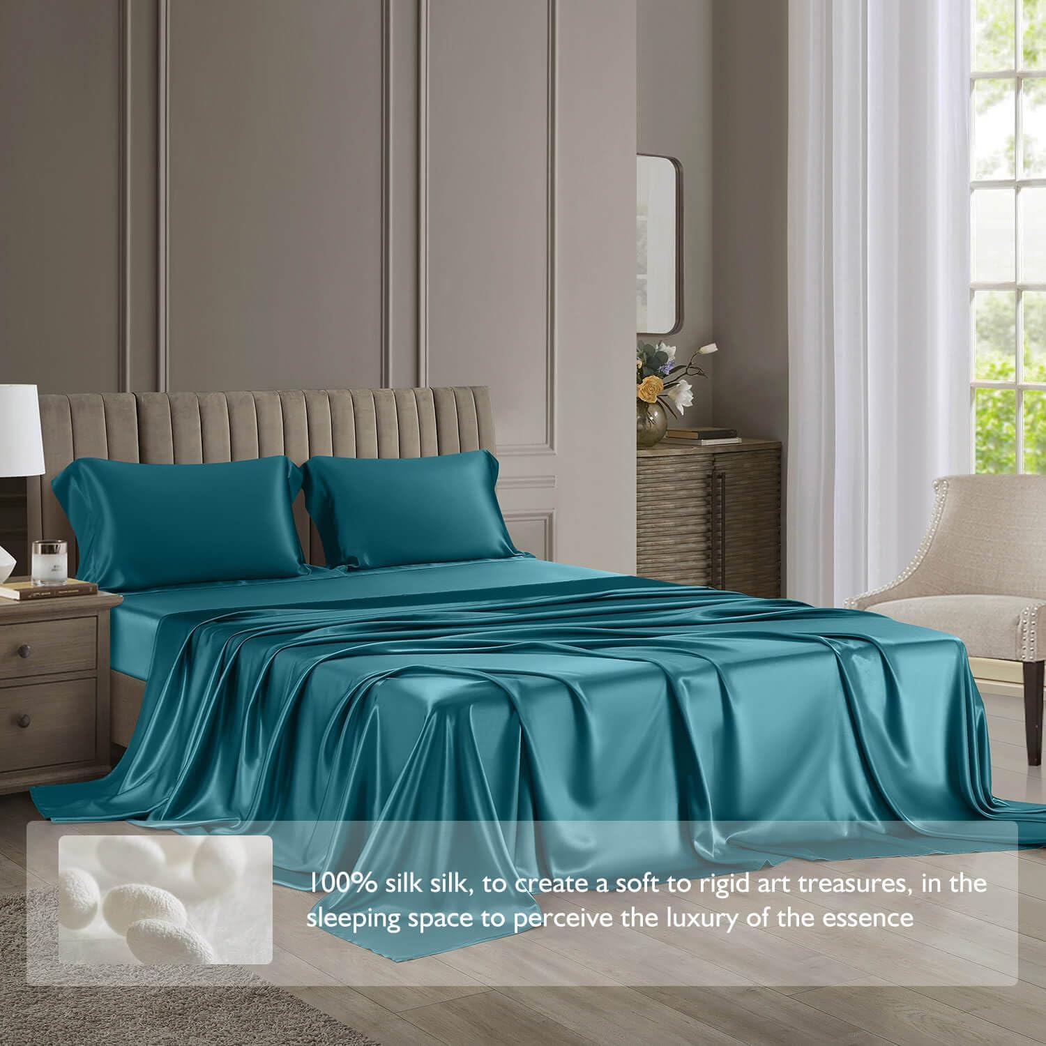 DISANGNI 22 Momme 100% Mulberry Silk Bedding Set - 4-Piece Luxury (2 Pillowcases, 1 Fitted Sheet, 1 Flat Sheet) - 6A Grade Natural Silk (Blue Green, Queen)