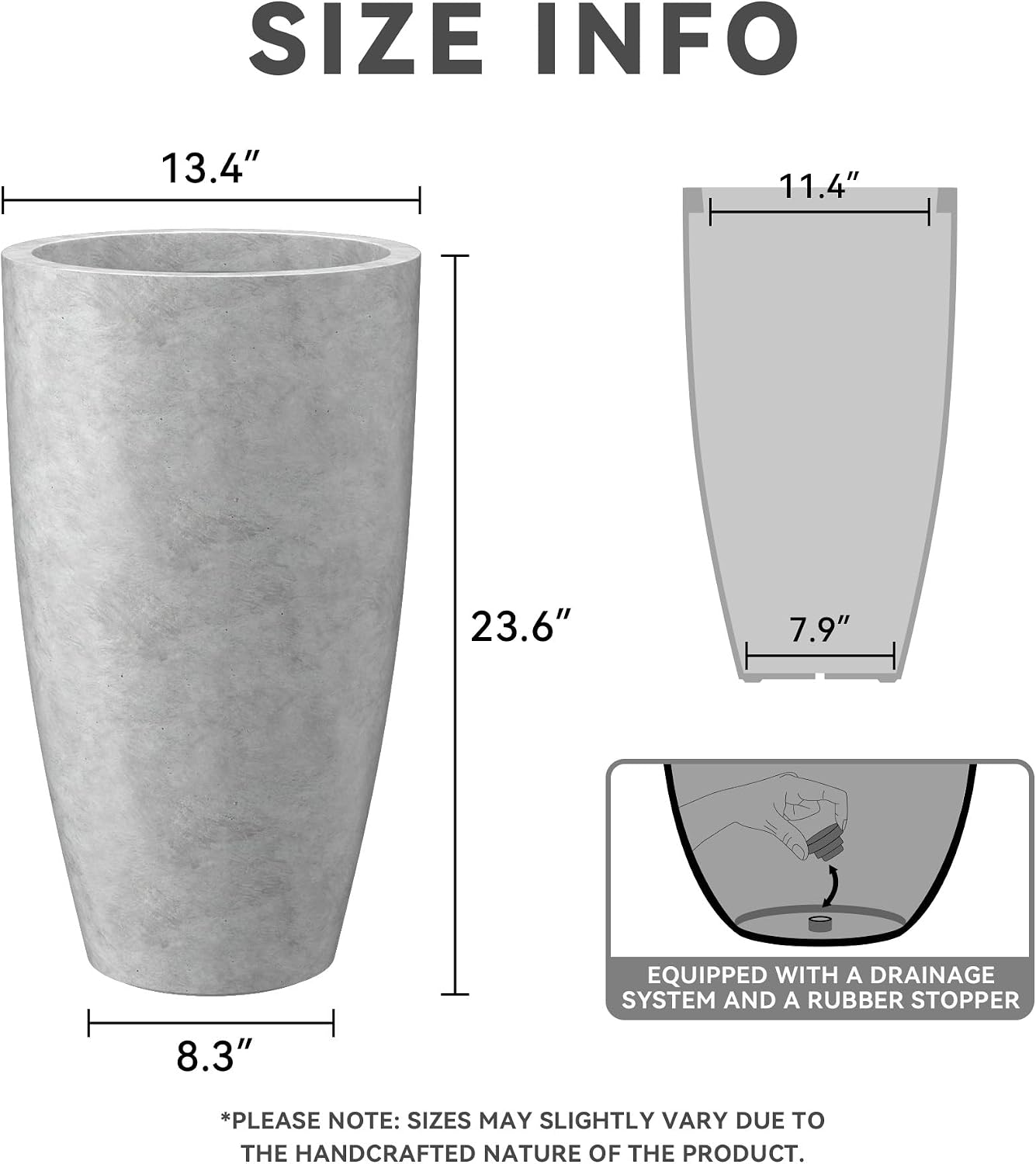 Kante 23.6' H Natural Concrete Tall Planters (Set of 2), Large Outdoor Indoor Decorative Plant Pots with Drainage Hole and Rubber Plug, Modern Style for Home and Garden