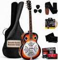 Pyle Resophonic Resonator Acoustic Electric Guitar-6 String Round Neck Sunburst Mahogany Traditional Resonator w/Built-in Pre Amplifier,Case Bag,Strap,Steel Strings,Tuner,Picks