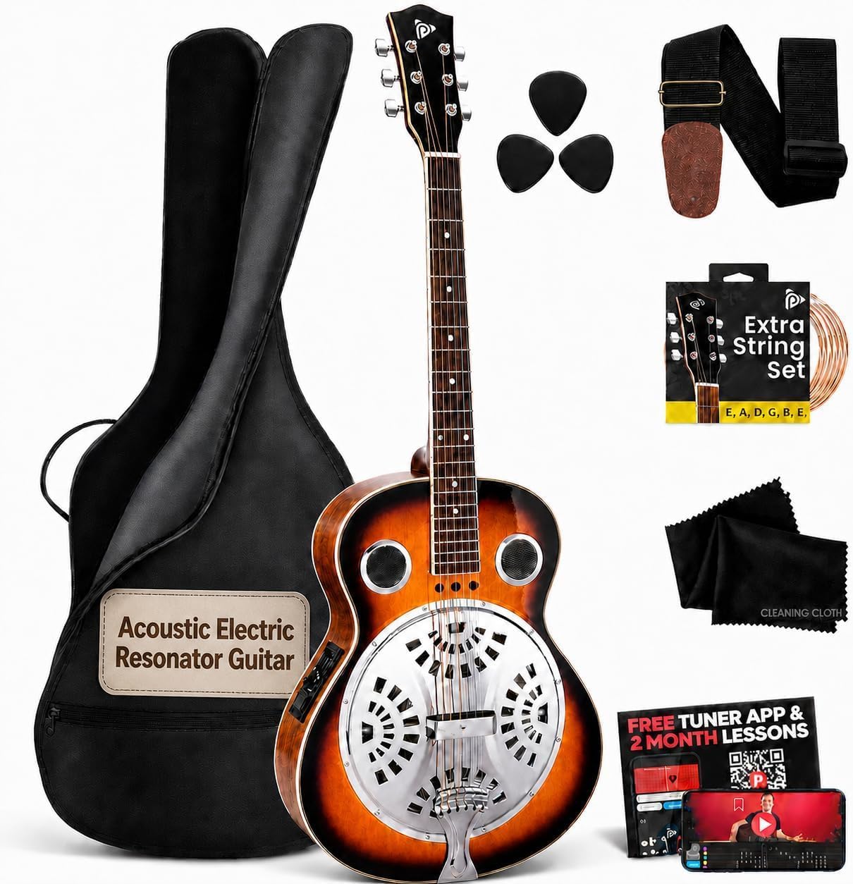 Pyle Resophonic Resonator Acoustic Electric Guitar-6 String Round Neck Sunburst Mahogany Traditional Resonator w/Built-in Pre Amplifier,Case Bag,Strap,Steel Strings,Tuner,Picks