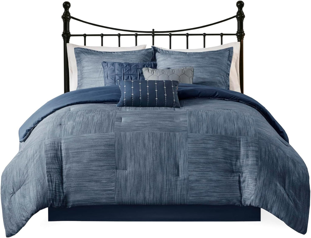 Madison Park Walter Comforter - Luxe Seersucker Print Design, All Season Down Alternative Bedding, Matching Shams, Bedskirt, Decorative Pillows, Navy Cal King(104'x92') 7 Piece