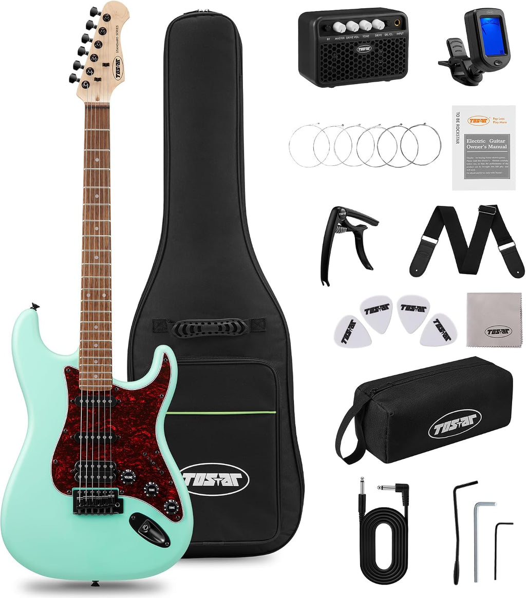 Tostar Electric Guitar Full Size Kit for Beginners 6 String Bundle with Amp SSH Pickup with Gig Bag,Capo,Tremolo, Strap, Picks Green Electric Guitars 39' for Gifts