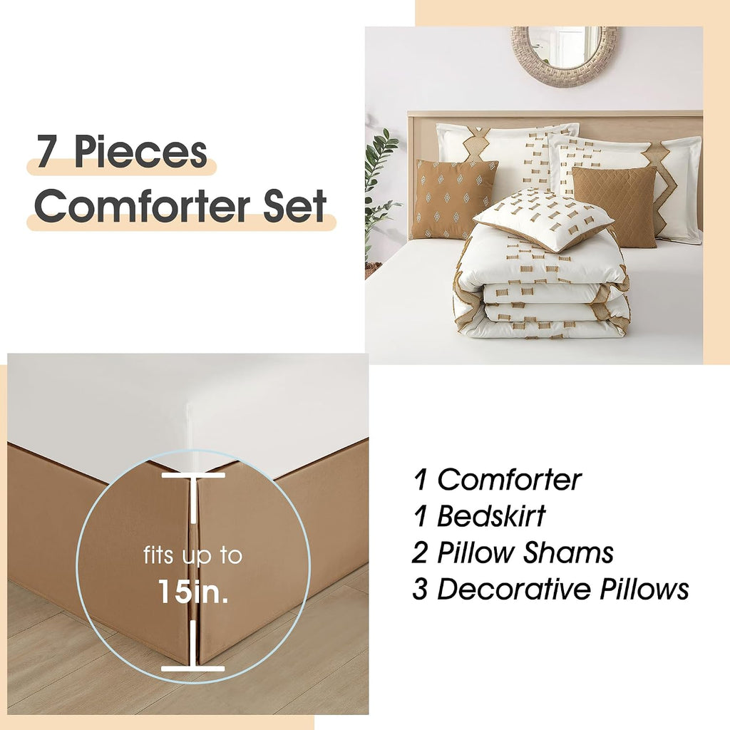 LANCO MODERN LIFESTYLE 7 Piece Taupe and White Comforter Set, King, Boho Home Decor, Geometric Clip Pattern Bedding Set for All Seasons, Bed in a Bag, Bedskirt, Shams and Decorative Pillows