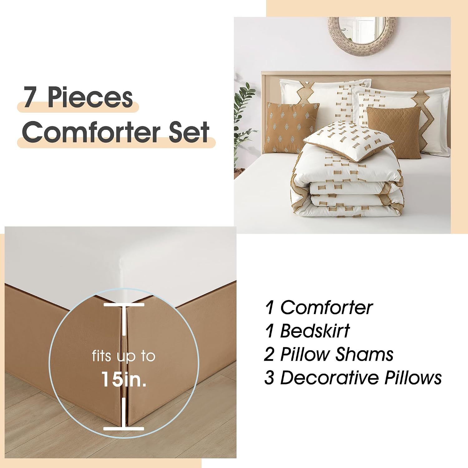 LANCO MODERN LIFESTYLE 7 Piece Taupe and White Comforter Set, King, Boho Home Decor, Geometric Clip Pattern Bedding Set for All Seasons, Bed in a Bag, Bedskirt, Shams and Decorative Pillows