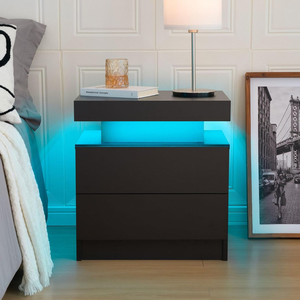 Bingoday Black Nightstand Set of 2 Black Bedside Tables Set of 2 LED Night Stand Set 2 Wood Nightstand Set of 2 with 2 Drawers for Bedroom Living Room
