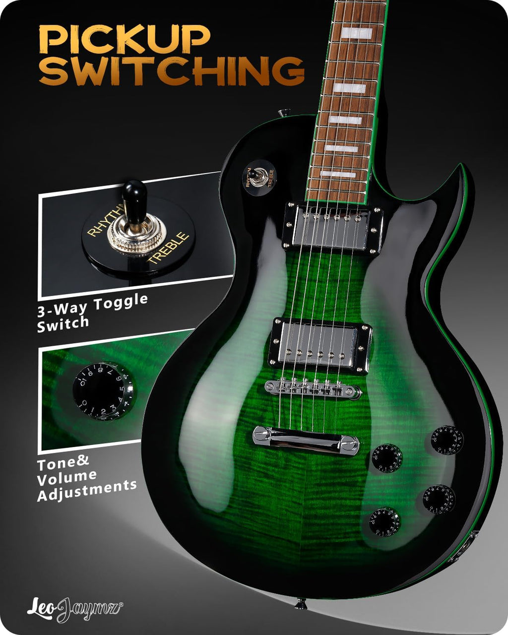 Leo Jaymz SC Series Electric Guitar – Mahogany Body, Laurel Fingerboard, Dual Humbuckers, Tune-O-Matic Bridge, C Neck, 18:1 Tuners (Black Green)