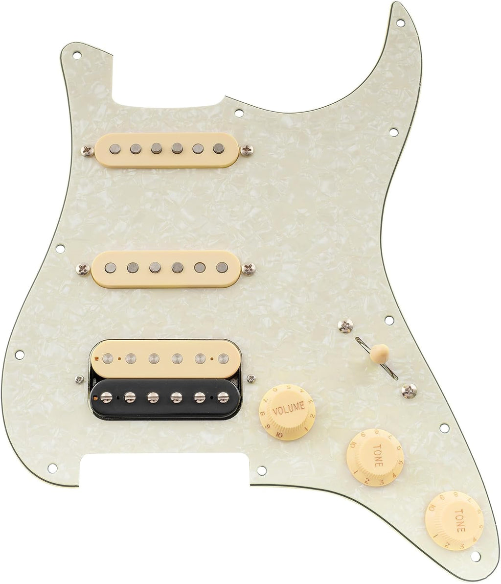 Musiclily Pro Auto-Split HSS Loaded Pickguard ST Prewired Pickguard with Artec Alnico 5 Single Coil Humbucker Pickups for American/Mexico Import Squier Strat Electric Guitar, 4ply Aged White Pearl