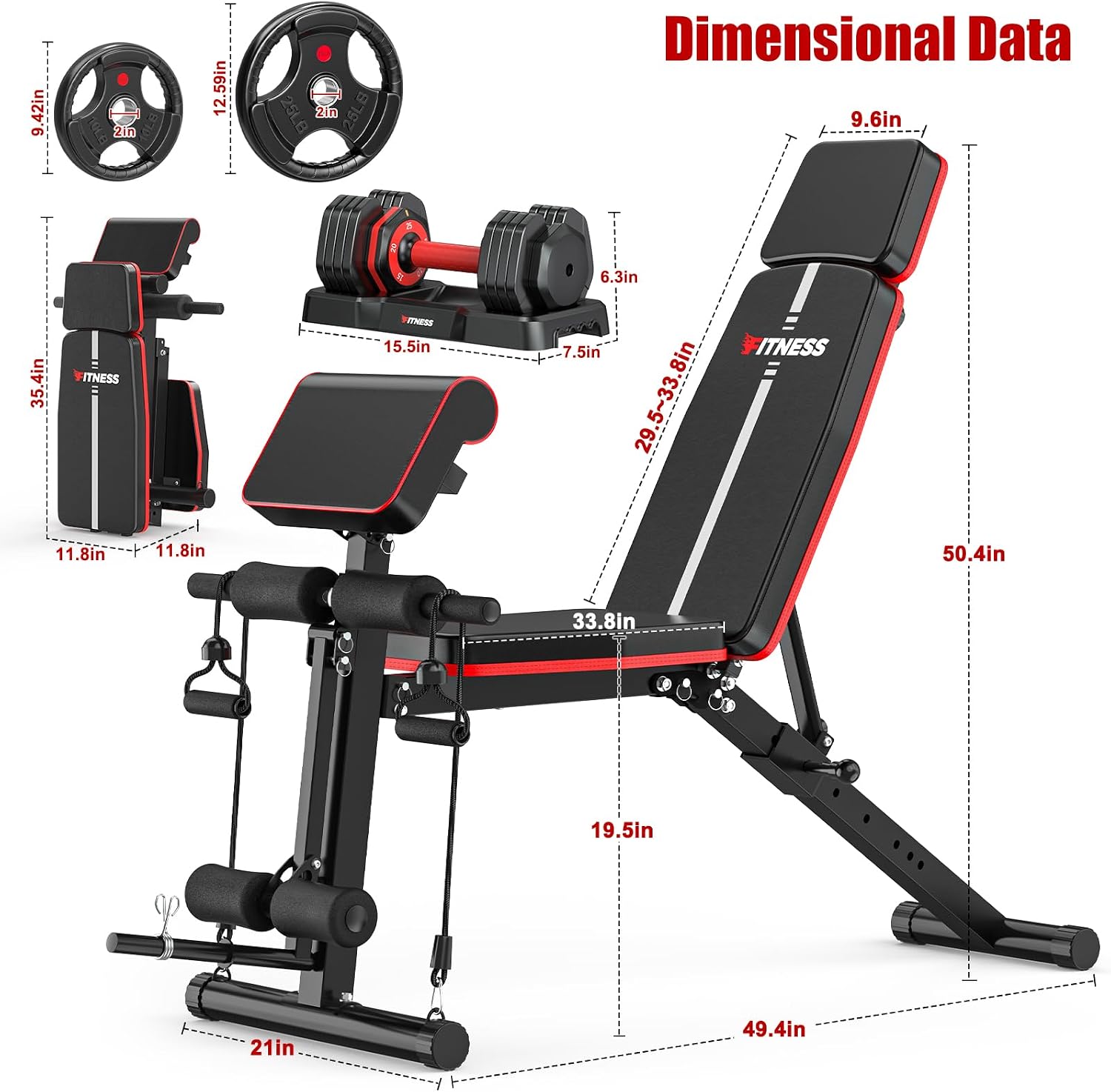 Adjustable Weight Bench Workout Bench with 50lb(25lb*2) Adjustable Dumbbell & 70lb(10lb*2+25lb*2) Weight Plates