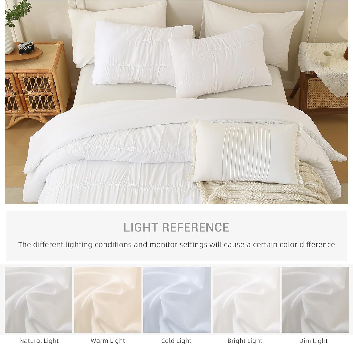 Lady Ann Oversized King Size Comforter Sets 128x120- White Ruched Bedroom Sets, Fluffy Bedding Comforter Sets, Soft & Luxurious All Season Bed Sets for Women Men, 3pcs